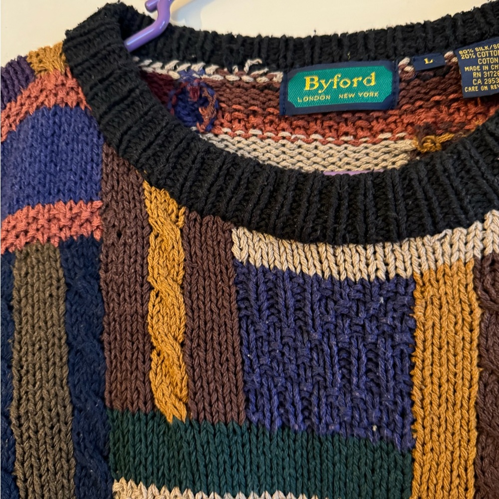 Vintage Byford Geometric Multicolor Grandpa Sweater Large Silk blend Mens